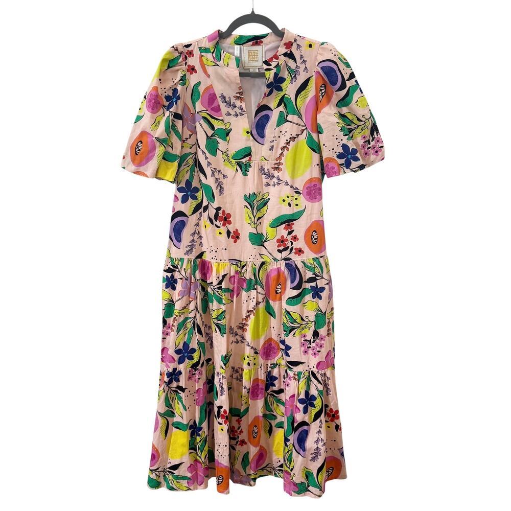 Emily McCarthy Floral Fruit Puff Sleeve Tiered Midi Dress Pink Size XS